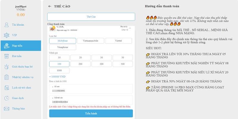 Nạp tiền trên Jun88 thông qua phương thức là thẻ cào 